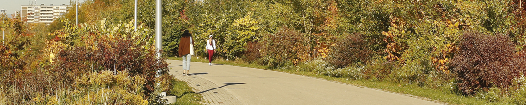Two people walking on a paved path.