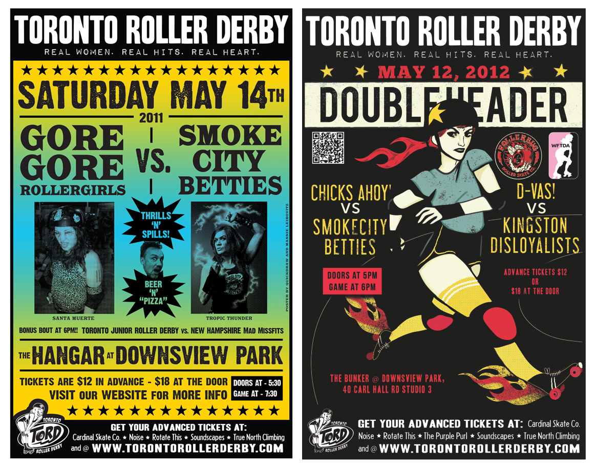 Two different posters promoting roller derbies.