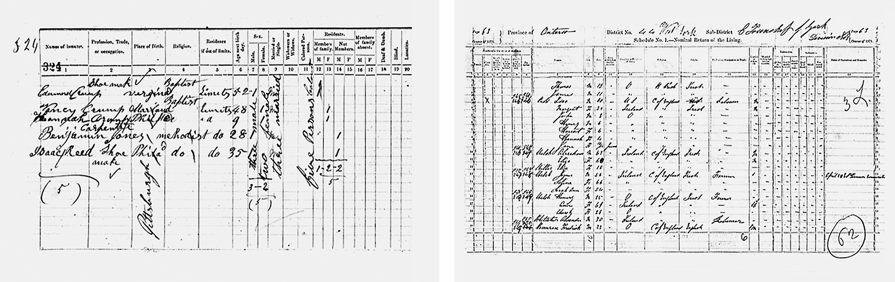 Handwritten census entries from 1851 and 1871.