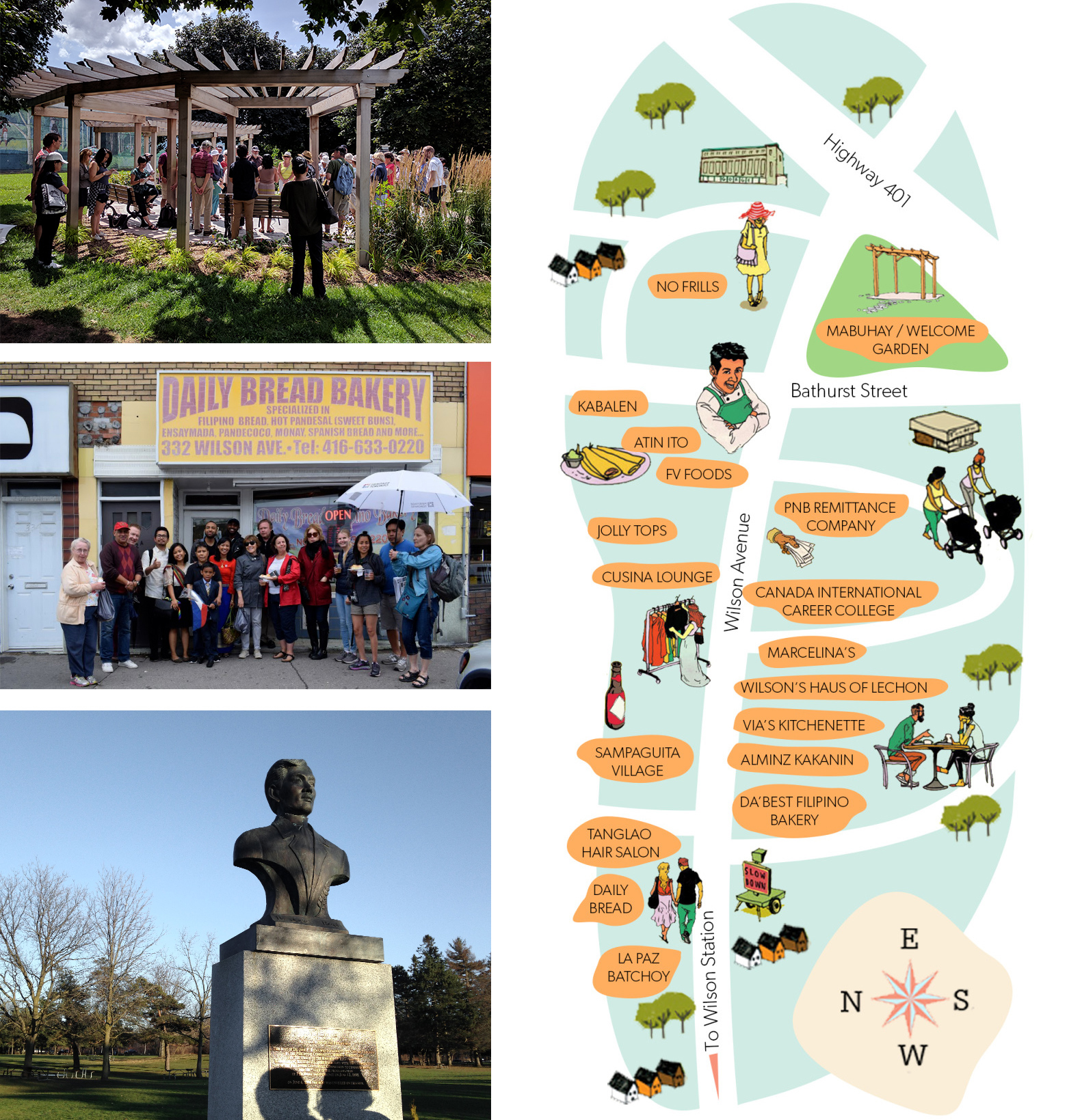 A collage of different landmarks in the Little Manilla neighbourhood, and a map highlighting Filipino businesses.