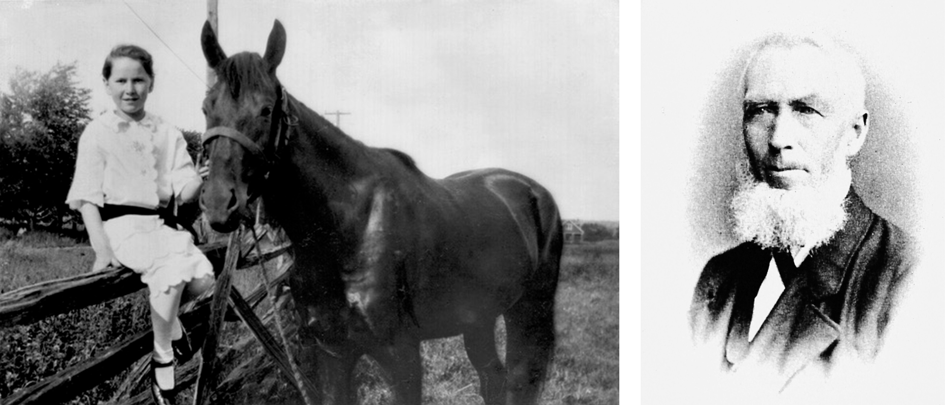 A black and white photo of a little girl (Olive Boake) and a horse on the left, and a black and white photo of a man (Edward Warren Boake) on the right.