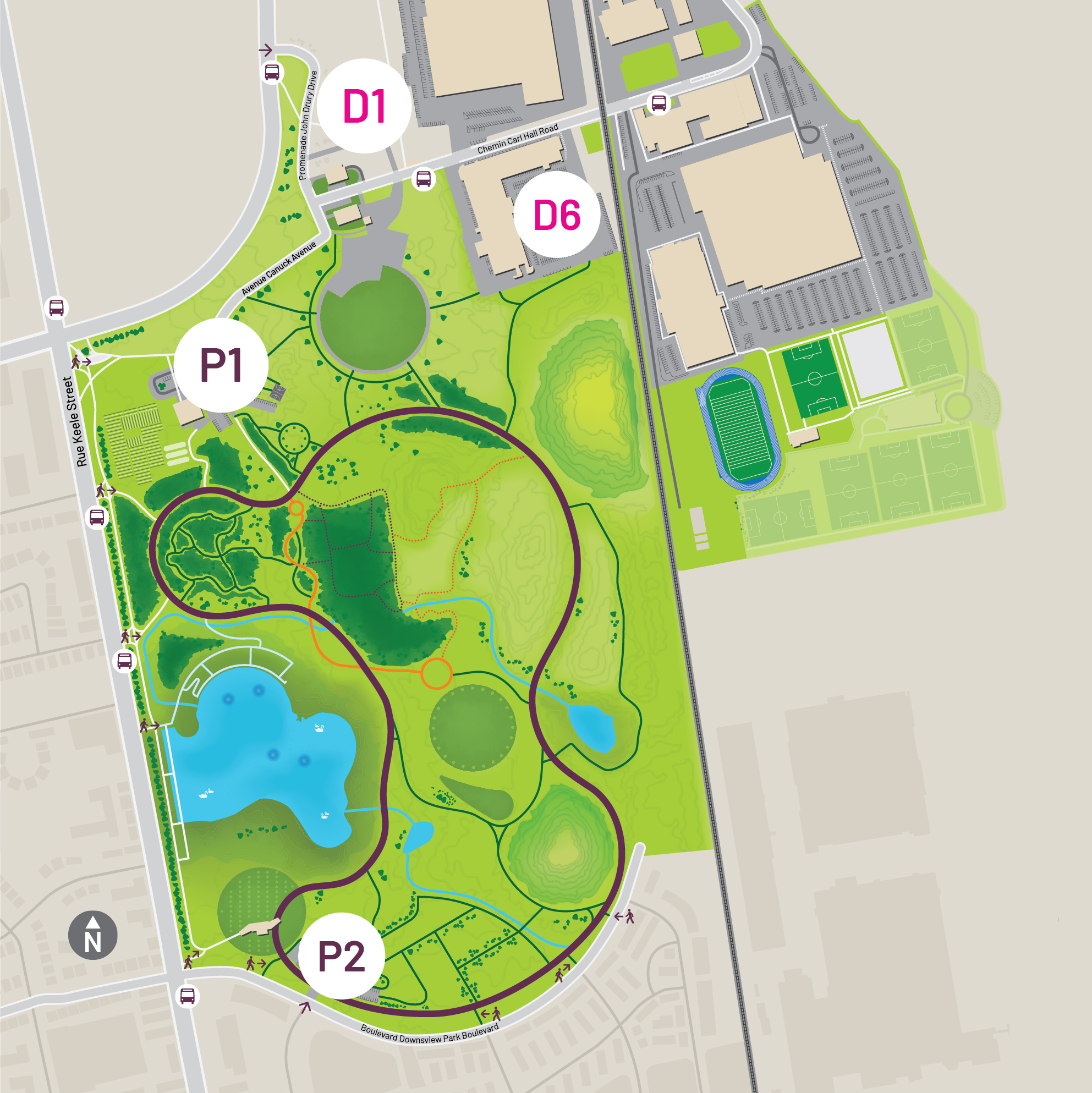A map with parking lots P1, P2, D1 and D6 labeled.