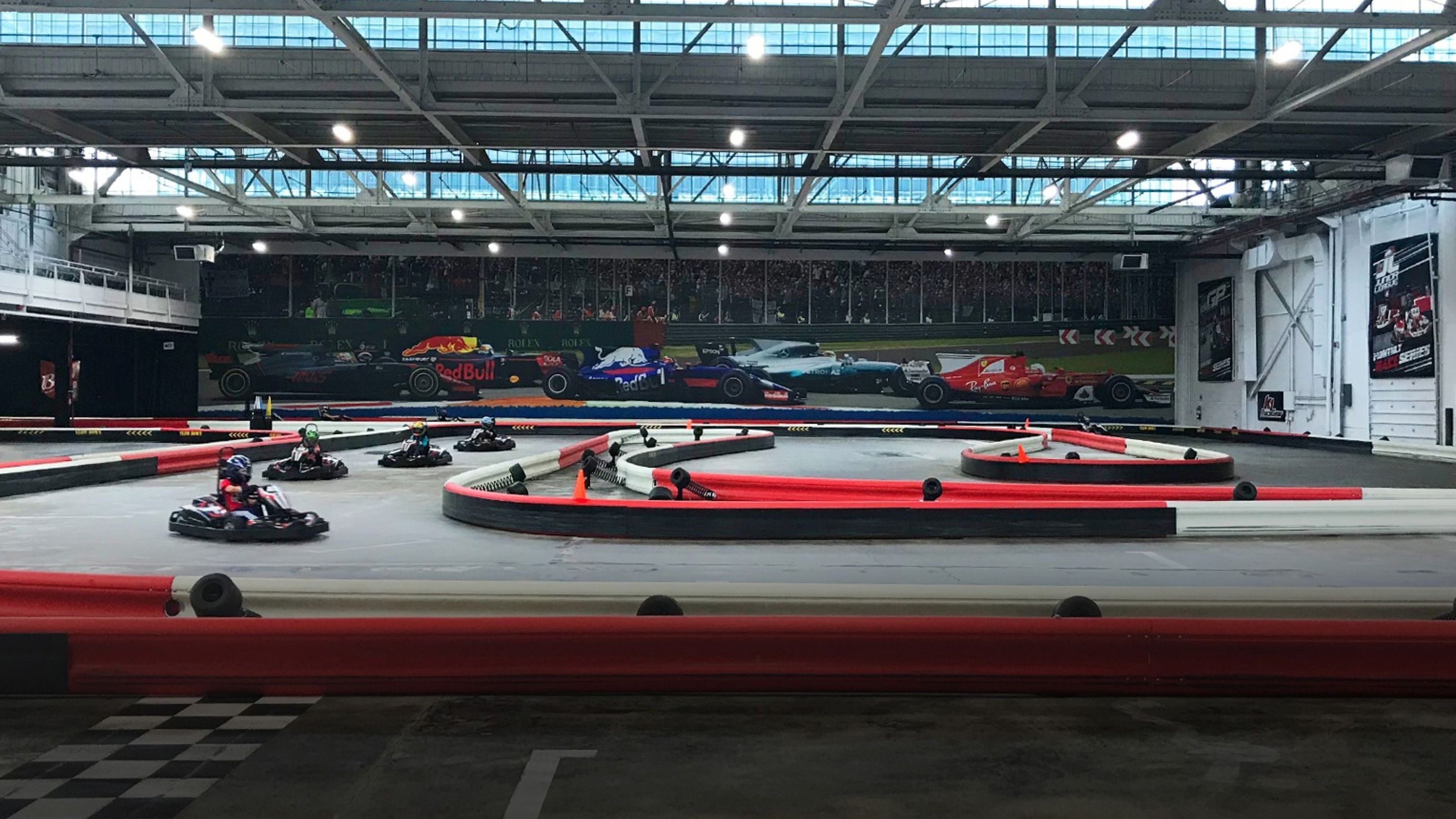 A large indoor go-kart track.