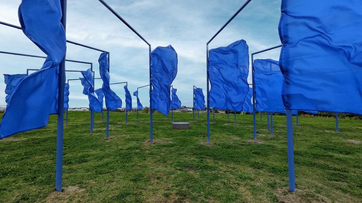 A series of dark blue flags on a grassy hill.