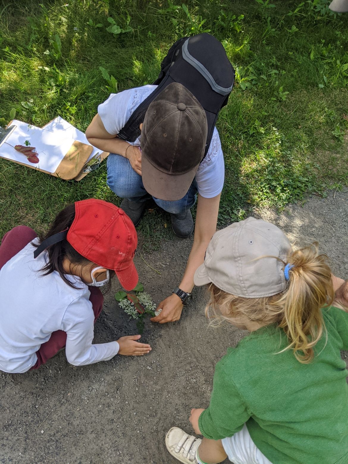 Three children creating art using leaves and flowers.