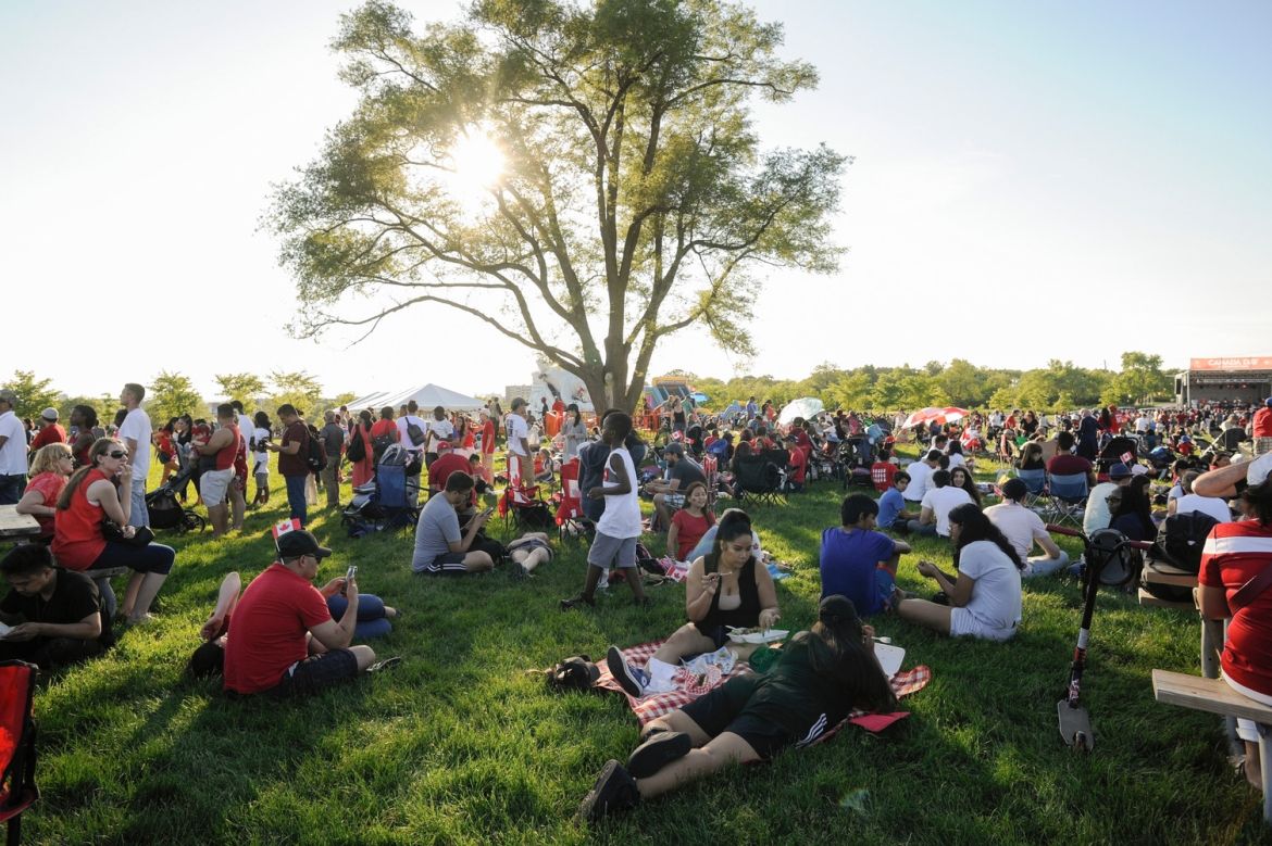 A large crowd of people sitting and standing on a field around an elm tree.