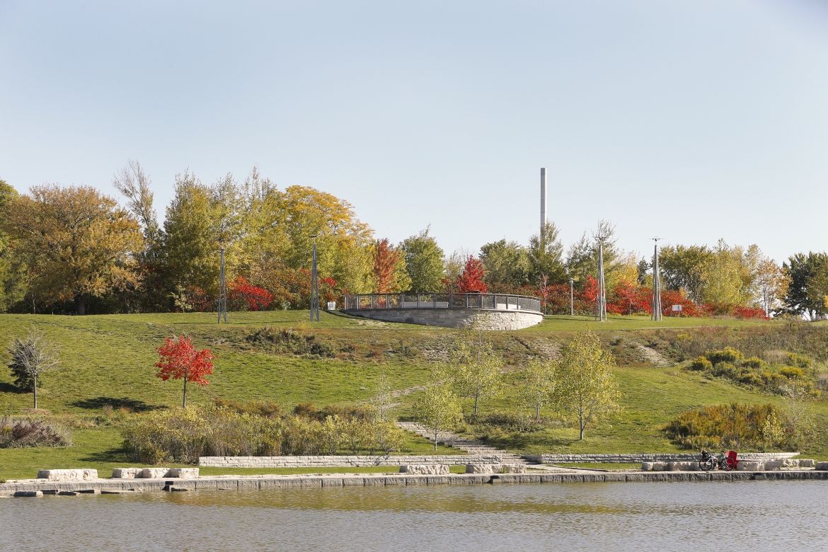 The lookout point seen from below in the Fall. Changing leaves in the background.