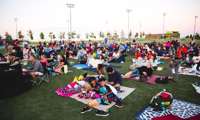 A large crowd of people sitting on lawn chairs and picnic blankets.