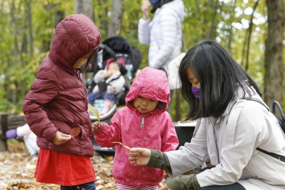 A caregiver and two kids playing with leaves.