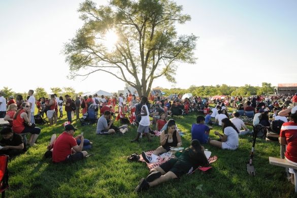 A large crowd of people sitting and standing on a field around an elm tree.