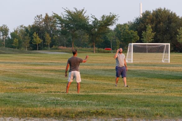 Two people throwing a frisbee on a field, a soccer net in the background.