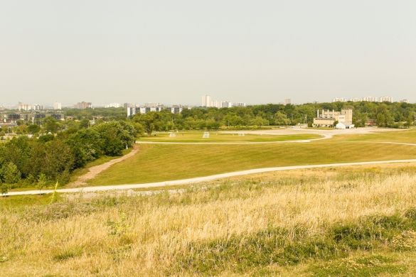 A large field, a steam plant building, and trees in the background.