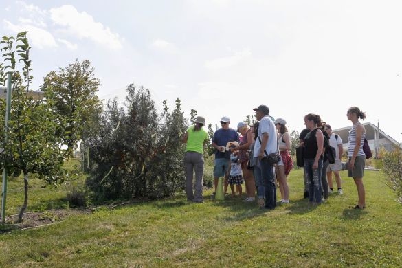 A staff member giving a group of people a tour of the Orchard.