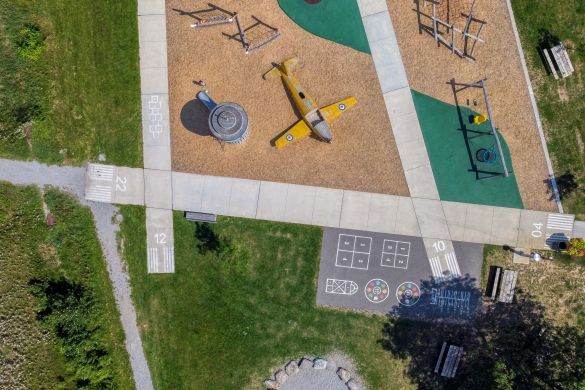 An aerial shot of the Play Zone and the basketball court next to it.