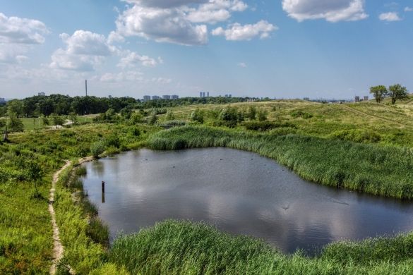 An aerial shot of a small pond, surrounded by green grass and hills.